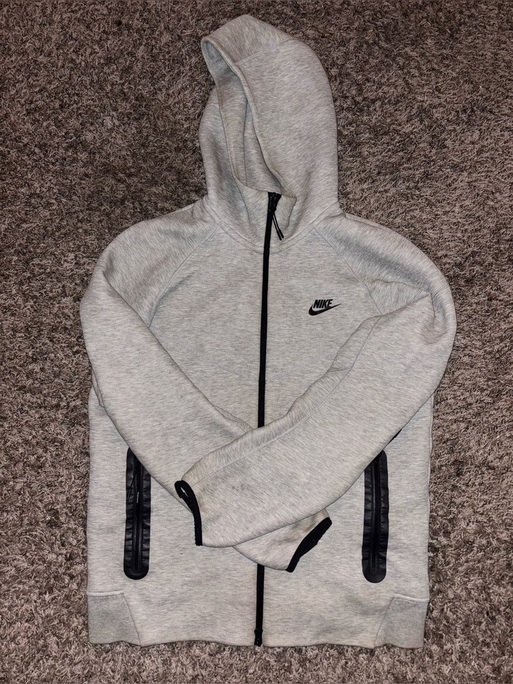 Nike Gray Hoodie with Black & White Trim and Red Logo Patch